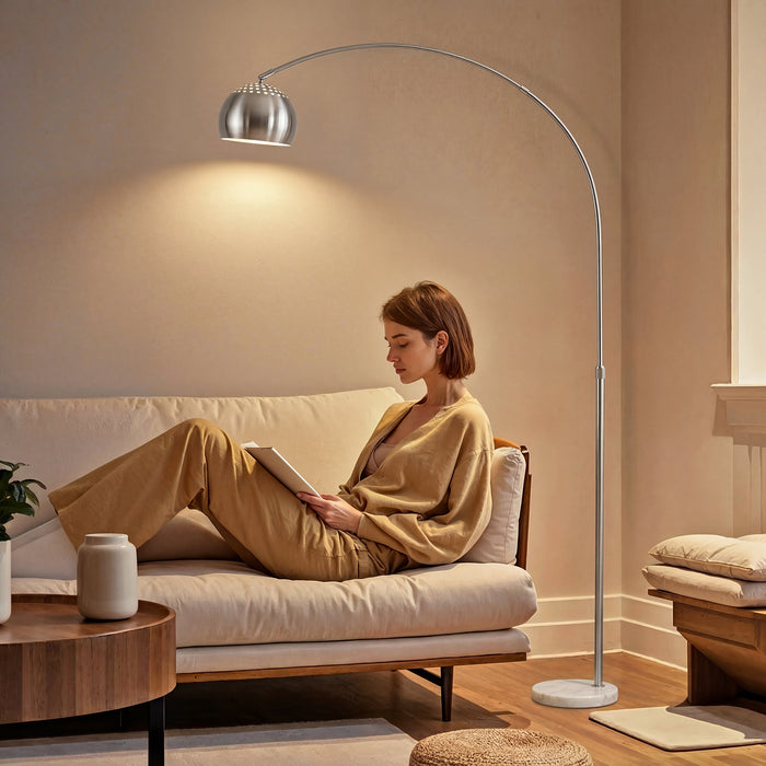 HOMCOM Arc Floor Lamp for Living Room, Modern Adjustable Standing Lamp with Faux Black Marble Base Silver Tone