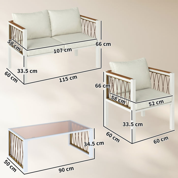 Outsunny 4 Piece Rattan Garden Furniture Set with Loveseat, 2 Armchairs, Table, Metal Frame Patio Conversation Set, Cream White