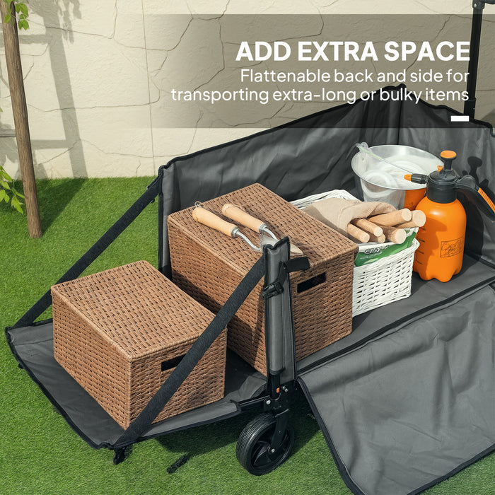 Outsunny Folding Trolley on Wheels, 150L Collapsible Wagon Festival Trolley Cart with Openable Sides, Adjustable Handle and Brakes for Shopping Camping Beach and Garden, Grey