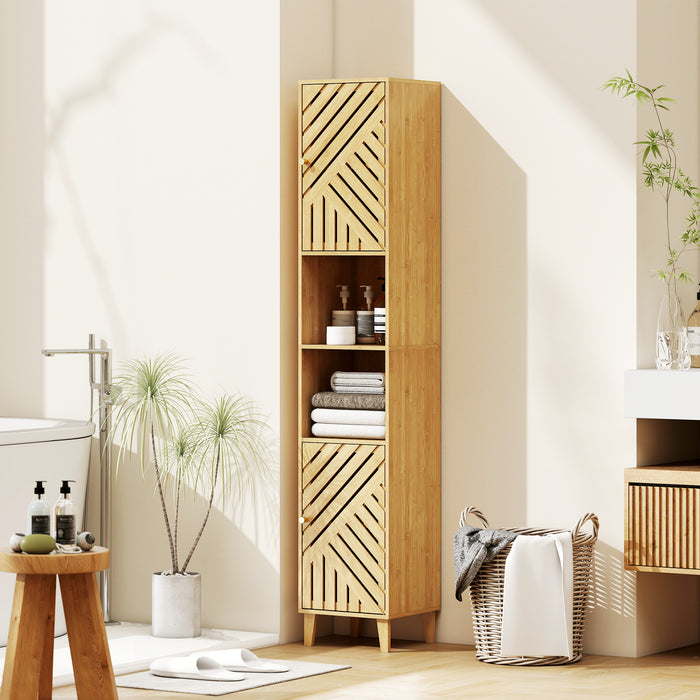 HOMCOM Multi-Storage Bamboo Door Bathroom Cabinet - Natural Finish