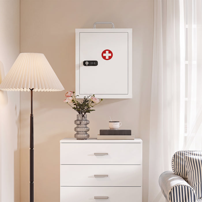 HOMCOM Wall Mount Medicine Cabinet with Combination and Key Lock, 3 Tier Steel First Aid Cabinet, White