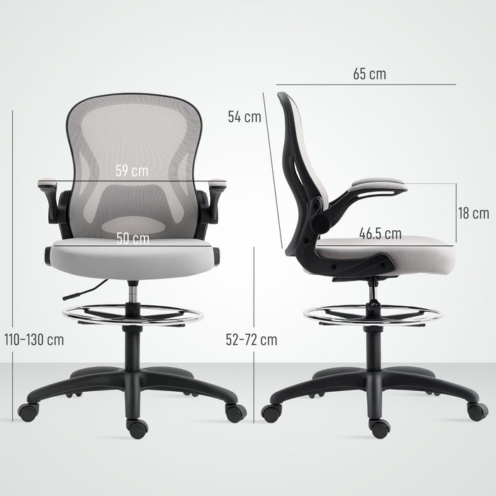 Vinsetto Adjustable Mesh Standing Desk Chair with Flip-up Armrests Lumbar Support Armrests Adjustable Footrest Ring Grey