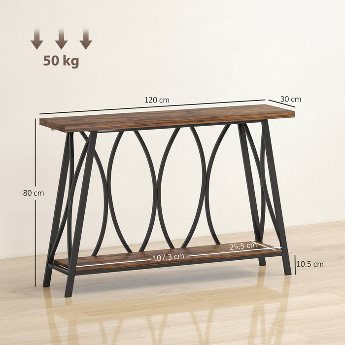HOMCOM Narrow Console Table, Industrial 2-Tier Sofa Table with Metal Frame for Entryway, Living Room, 120x30x80cm, Rustic Brown