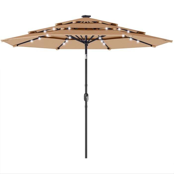 Outsunny 2.8 m Garden Parasol Umbrella with LED Solar Light, Parasol Cover, 3 Tier Outdoor Table Market Patio Umbrella, Khaki