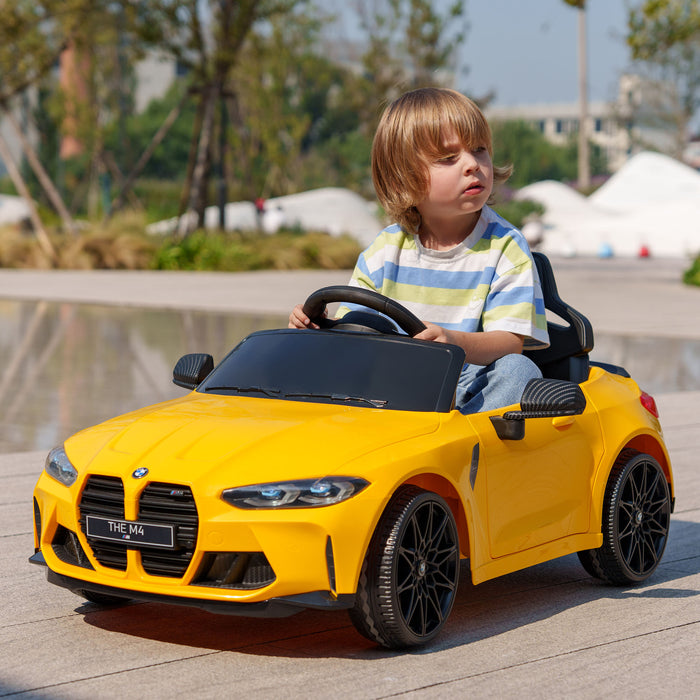 BMW M4 Kids Ride-On Car - 12V Battery-Powered with Remote Control, Suspension, Music Player, Horn, LED Lights - Interactive Playtime for Children in Bright Yellow