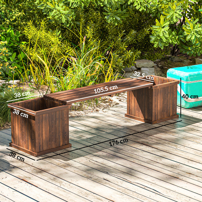Outsunny Wooden Garden Planter & Bench Combination Garden Raised Bed Patio Park Carbonised Finish 176 x 38 x 40 cm