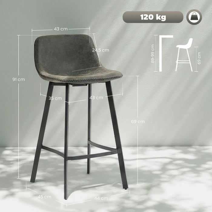 HOMCOM Bar Stools Set of 2, PU Leather Dining Stools with Backrest, Footrest, for Kitchen, Counter, Breakfast Bar, Grey