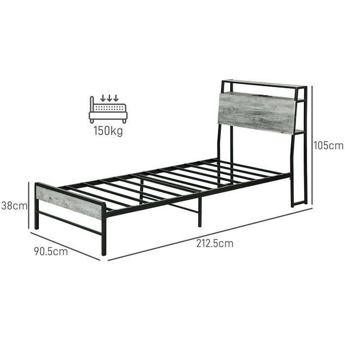 HOMCOM Single Steel Bed Frame, with LED Lights and Headboard Shelf - Grey