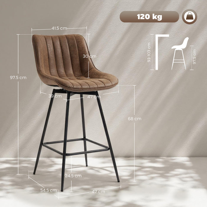 HOMCOM Set of 2 PU Leather Swivel Bar Stools - Brown