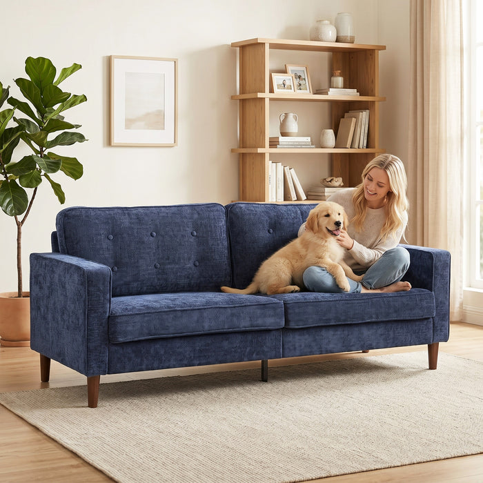 HOMCOM 3 Seater Sofa Button Tufted Upholstered Velvet Couch with Wood Legs for Living Room, Dark Blue