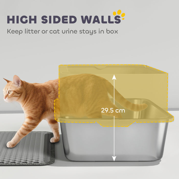 PawHut High Sided Stainless Steel Litter Box, Metal Cat Litter Tray with Metal Scoop, Litter Mat, Never Absorbs Odors, Grey