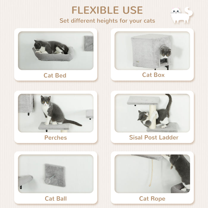 PawHut 6-Piece Cat Wall Shelves Set with Condo, Cat Wall Furniture with Platforms, Sisal Scratching Post, Bed, Toy Ball, Grey