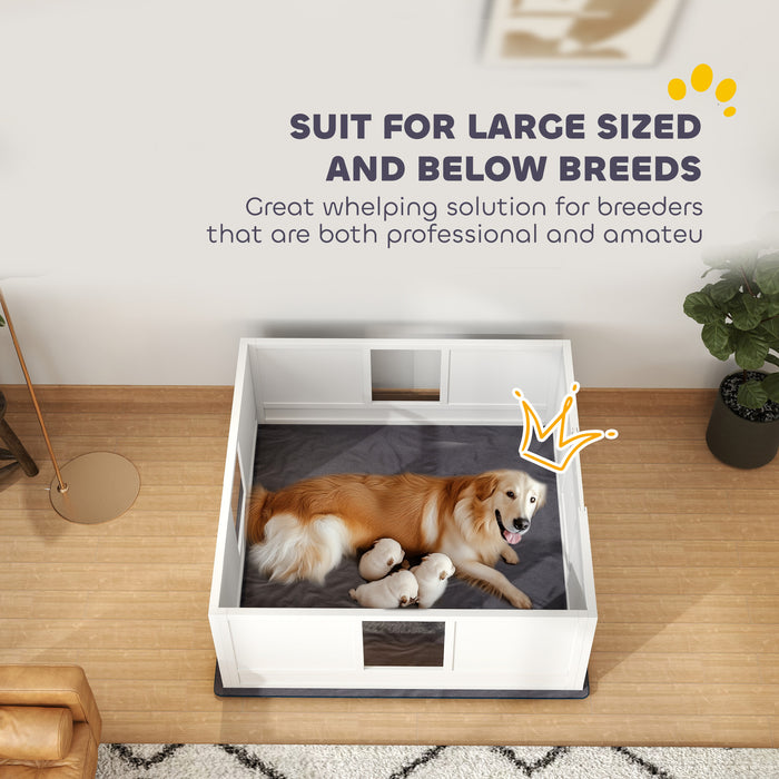 PawHut Whelping Box for Dogs with Whelping Pad, Adjustable Entrance, Non-slip Foot Pads, for Large Dogs, 124 x 120cm