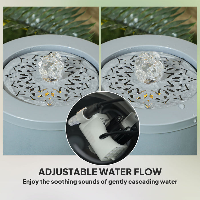 Outsunny 30 cm Tall Garden Waterfall Fountain with LED Lights and Pump, Garden Water Feature Water Fountain with Adjustable Flow and Cut-out Design for Indoor and Outdoor Decor, Light Grey