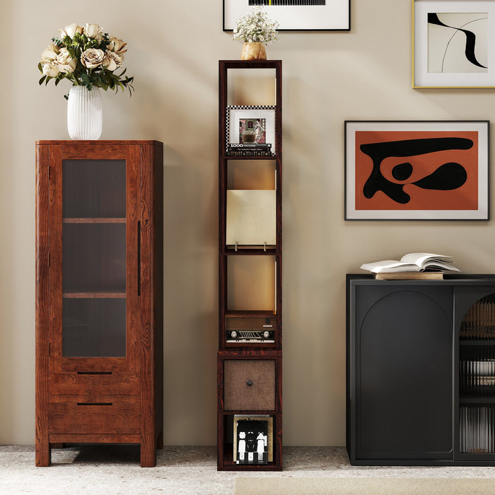 HOMCOM Floor Lamp with Shelves, LED Column Modern Standing Lamp with Fabric Drawer, Adjustable Brightness, Foot Switch for Living Room, Bedroom, Office, Dark Brown