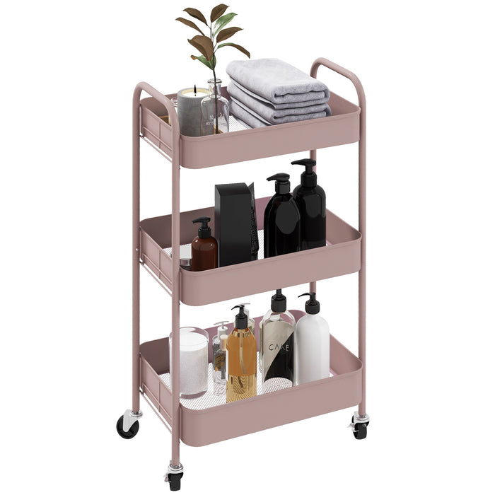 HOMCOM Three-Tier Steel Storage Trolley - Pink | Aosom UK