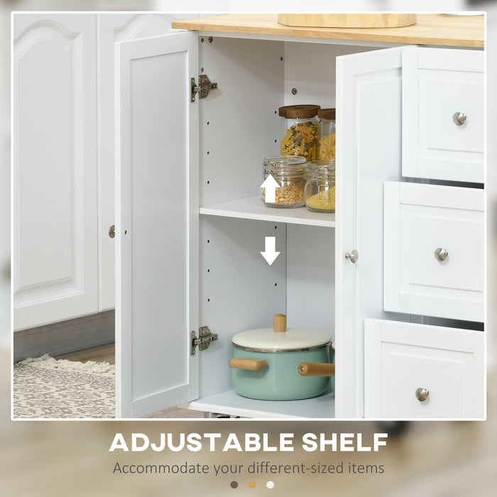HOMCOM Kitchen Island with Drop Leaf, Rolling Kitchen Storage Trolley on Wheels with 3 Drawers, Spice Rack and Towel Rack, Storage Cart with Rubber Wood Top, White