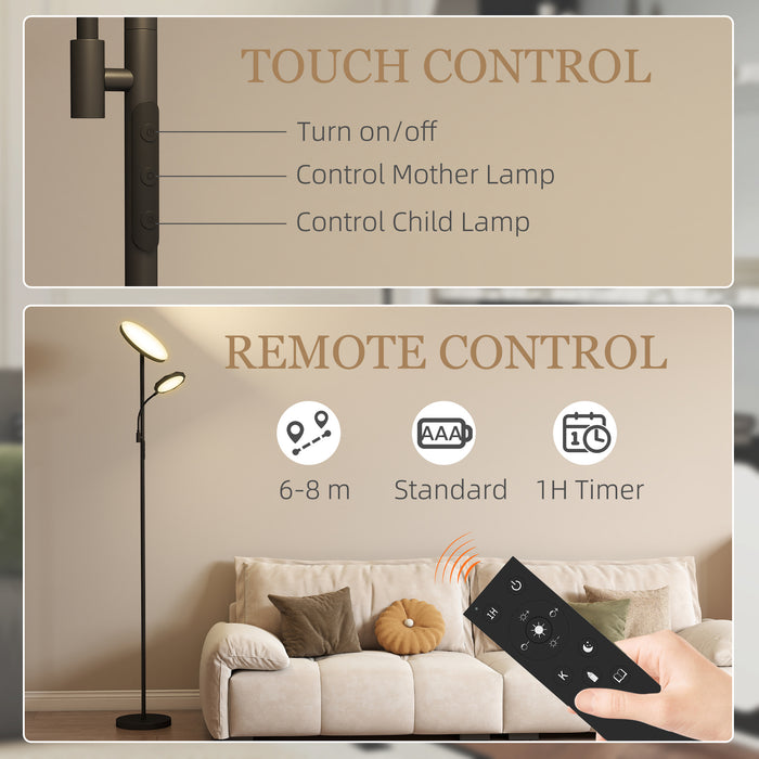 HOMCOM Mother and Child Uplighter Floor Lamp for Living Room, Stepless Dimmable Standing Lamp with 4 Scene Modes, 2700K-6500K Colour Temperature, 4 Brightness Levels, Remote & Touch Control, Black