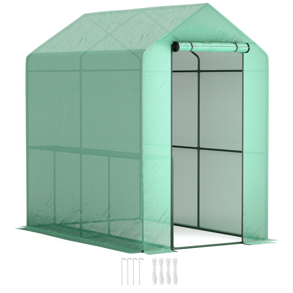Outsunny Walk-in Greenhouse with 2 Tier 4 Shelves, Small Greenhouse with Reinforced PE Cover, Garden Plant Growhouse with Roll-up Door, 120 x 186 x 190 cm, Green