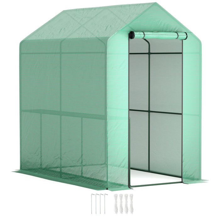 Outsunny Walk-in Greenhouse with 2 Tier 4 Shelves, Small Greenhouse with Reinforced PE Cover, Garden Plant Growhouse with Roll-up Door, 120 x 186 x 190 cm, Green