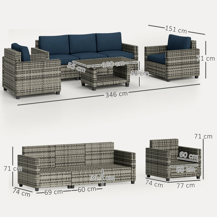 Outsunny 6 Pieces Rattan Garden Furniture Set, 5 Seater Wicker Outdoor Furniture Set with 2 Armchairs, Steel Frame Coffee Table and Cushions for Balcony, Porch, Navy Blue