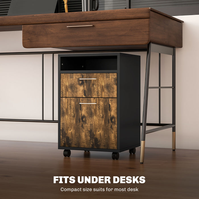 HOMCOM 60cm Storage Cabinet with Drawer, Open Shelf, Metal Handles and 4 Wheels, Office Home Organiser Mobile Printer, Rustic Brown