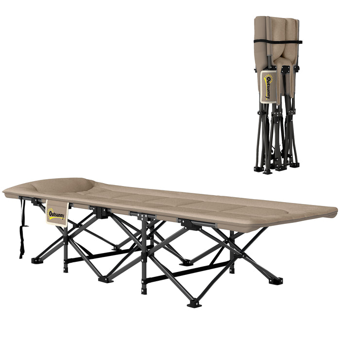 Outsunny Folding Camping Bed for Adults with Cushion, Heavy Duty Portable Travel Camping Cot with Headrest, Side Pocket and Non-Slip Foot Pads for Outdoor Beach Travel Office, Khaki