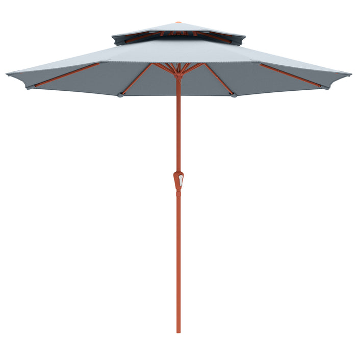 Outsunny 2.7 m Garden Parasol with Double Top Outdoor Market Table Umbrella with Crank System, Light Grey