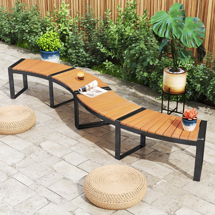 Acacia Wood Fire Pit Bench with Slatted Seat  Metal Legs-