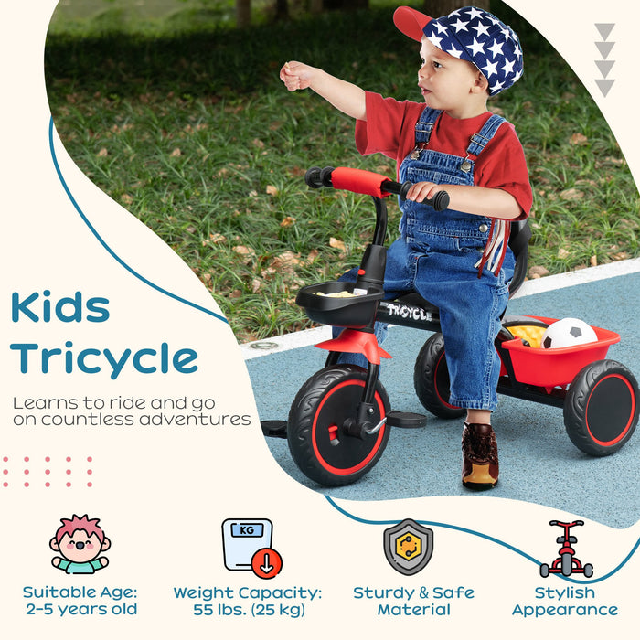 Adjustable Kids' Trike for Ages 2-5 - Red Tricycle with Pedal & Baskets - Perfect Grow-with-Me Ride for Toddlers