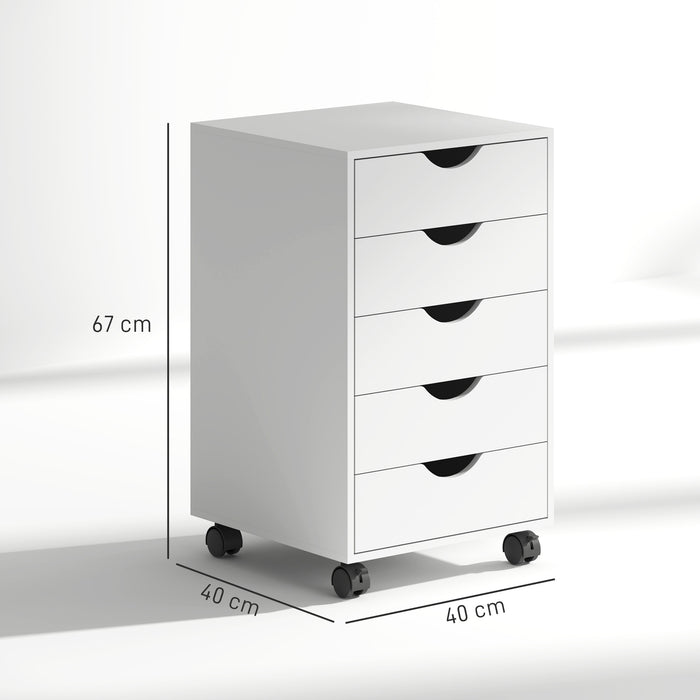 HOMCOM 5 Drawer Mobile Filing Cabinet, Vertical File Cabinet, Modern Rolling Office Storage Organizer Cupboard, White