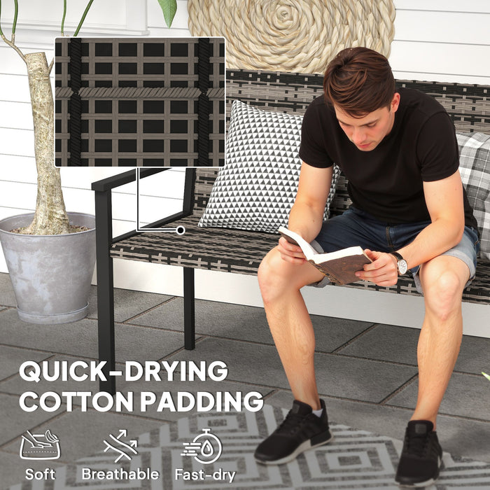 Outsunny 2 Seater Rattan Garden Bench, Outdoor Bench with Quick-Drying Cotton Padding, Wicker Garden Loveseat with Armrests, Steel Frame for Patio, Park, Mixed Grey