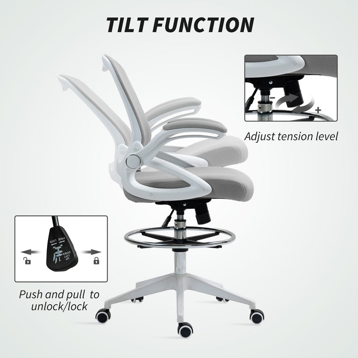 Vinsetto Drafting Chair with Flip-up Armrest, Mesh Office Stool with Foot Ring, 360° Swivel Height Adjustable Chair for Standing Desk, Light Grey