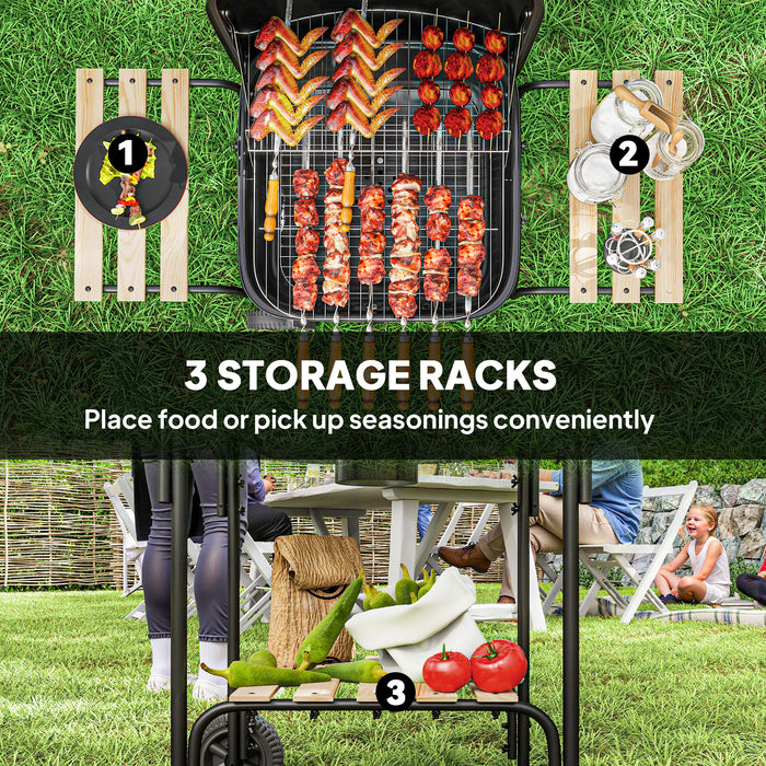 Outsunny Charcoal Barbecue Grill Portable BBQ Grill with 1840 cm² Cooking Area, 3 Shelves, Adjustable Vent, Lockable Lid, Wheels for Outdoor Cooking, Garden Party, Black