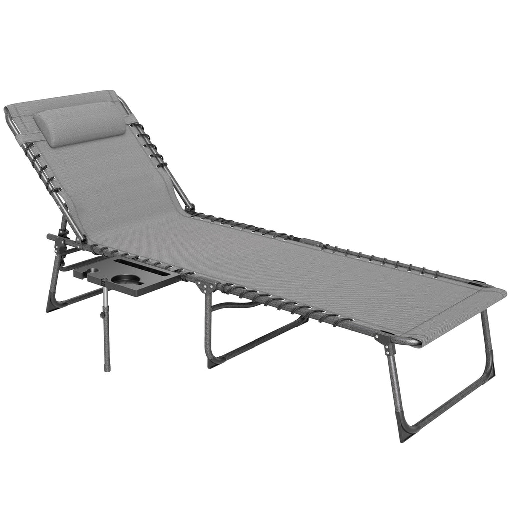 Outsunny Folding Sun Lounger with Side Table, 5-Level Adjustable Reclining Sun Lounger Chair, Portable Garden Recliner Sunbed with Side Pocket, Head Pillow for Patio, Beach, Grey