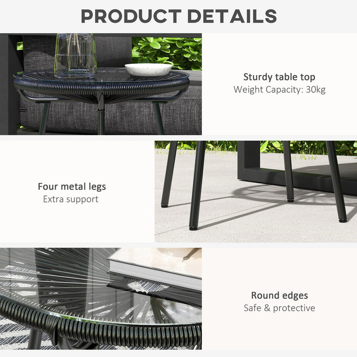 Outsunny Rattan Side Table, Round Outdoor Coffee Table, with Round PE Rattan and Tempered Glass Table Top for Patio, Garden, Balcony, Black