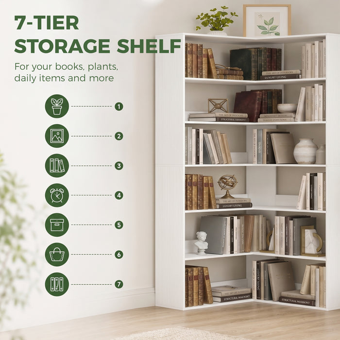 HOMCOM 7 Tiers Bookshelf, L-Shaped Corner Bookcase with Anti-Slip Rear Guard, White Wood Effect
