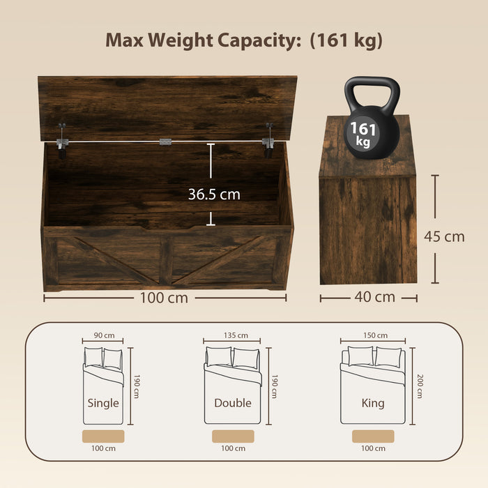 HOMCOM 127L Home Storage Box, with Safety Hinges - Rustic Brown Wood-Effect