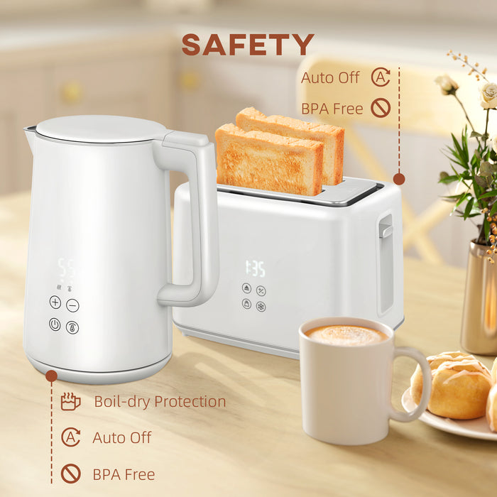HOMCOM Kettle and Toaster Set, 1.5L 3000W Fast Boil Kettle with Insulation & 2 Slice Toaster Kitchen Set with 7 Level Browning Controls, Defrost, Reheat and Crumb Tray, Cream White