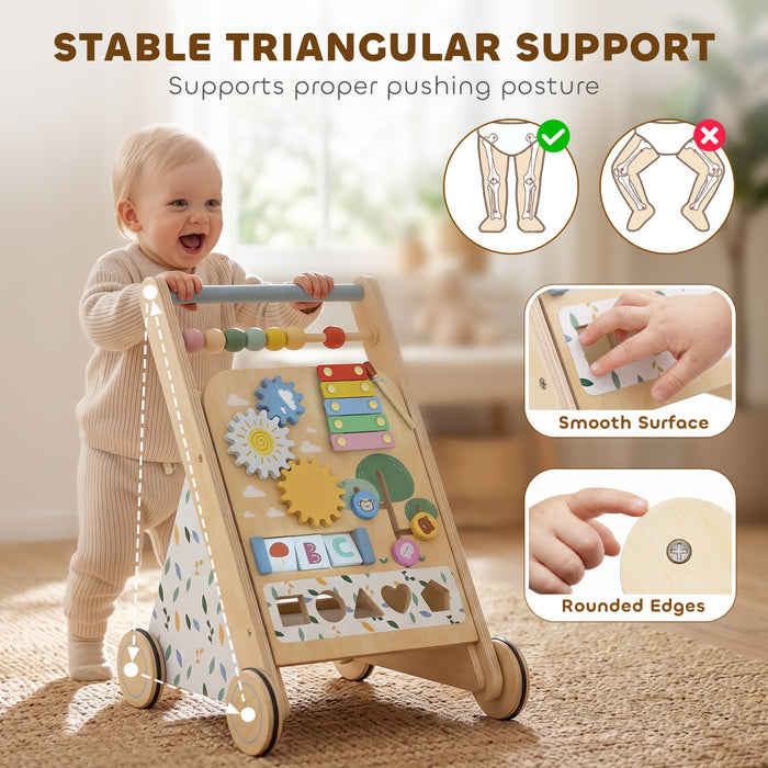 AIYAPLAY Wooden Baby Walker, Toddler Push Along Walker with Speed Control, Activity Centre and 5 Blocks for 18 Months+, Natural