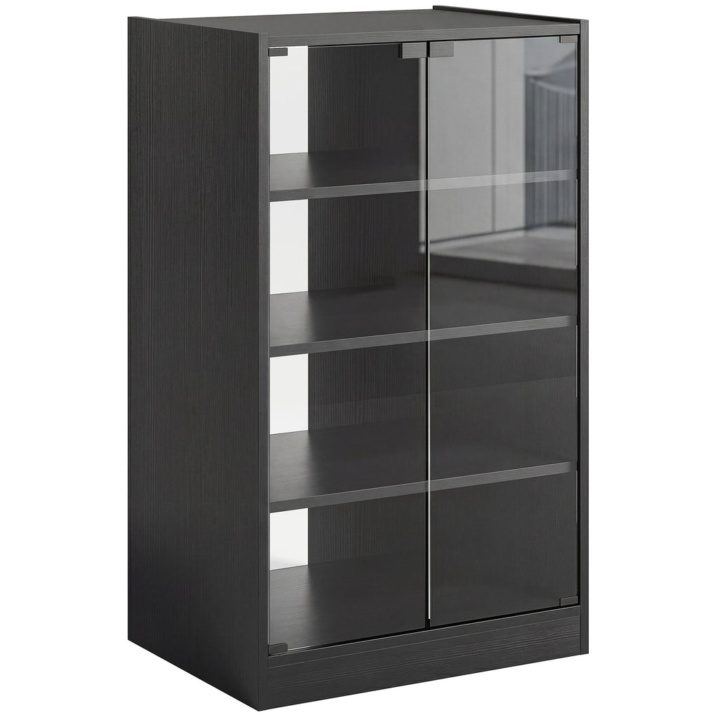 HOMCOM 4-Tier Hi-Fi Stand,  Record Player Stand with Adjustable Shelves and Push-to-Open Glass Doors, Black Wood-Effect