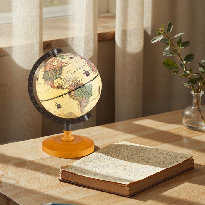 Antique Globe Dia 14cm with Wooden Base and Modern Map-