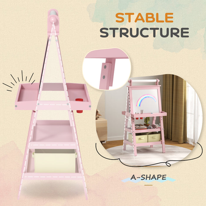 AIYAPLAY 3 in 1 Kids Easel Double-Sided Magnetic Whiteboard and Chalkboard with Paper Roll, Storage Baskets - Pink | Aosom UK