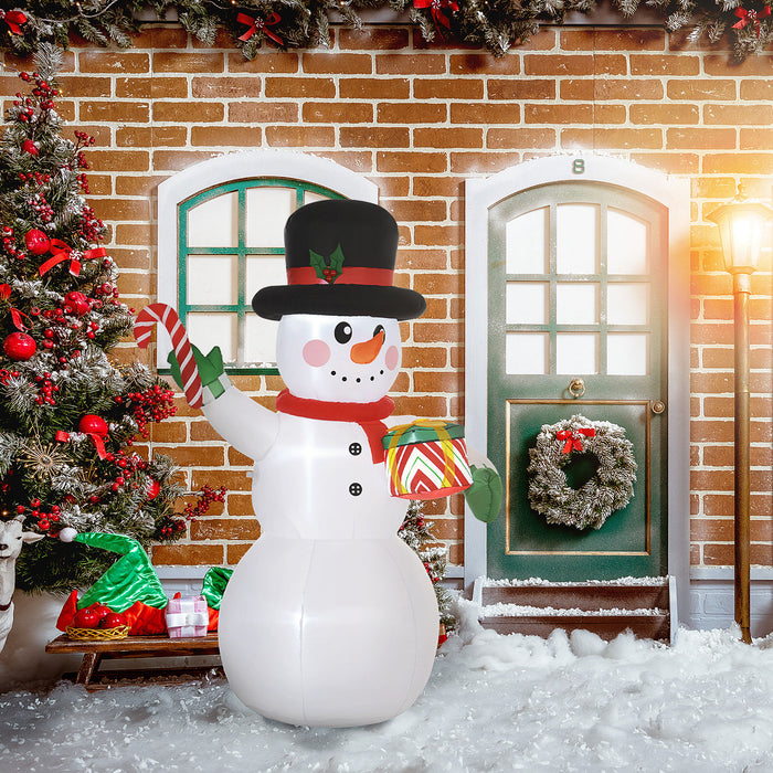 Outsunny 6FT Christmas Inflatable Snowman with Candy Cane and Gift Box, Christmas Blow Up Snowman with Built-in LED Light for Indoor, Outdoor, Party | Aosom UK