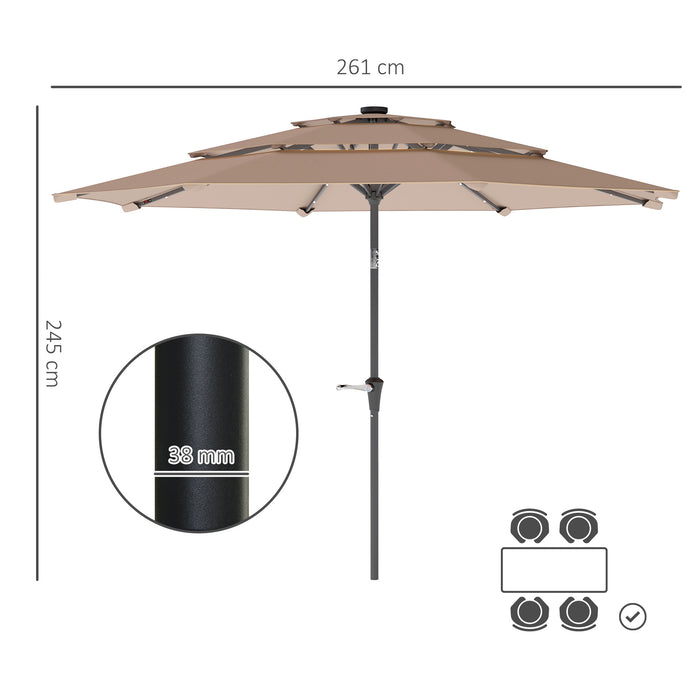 Outsunny 3-Tier Garden Parasol with Solar LED Lights, UPF 30+, Tilt Mechanism & Crank Handle, for Market Terrace, Khaki