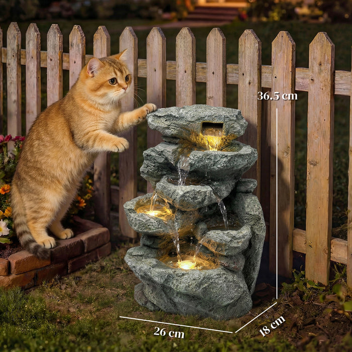 Outsunny Outdoor Fountain with 6-Tier Rock Design, Waterfall Feature with LED Lights, Resin Freestanding Garden Fountain, Grey