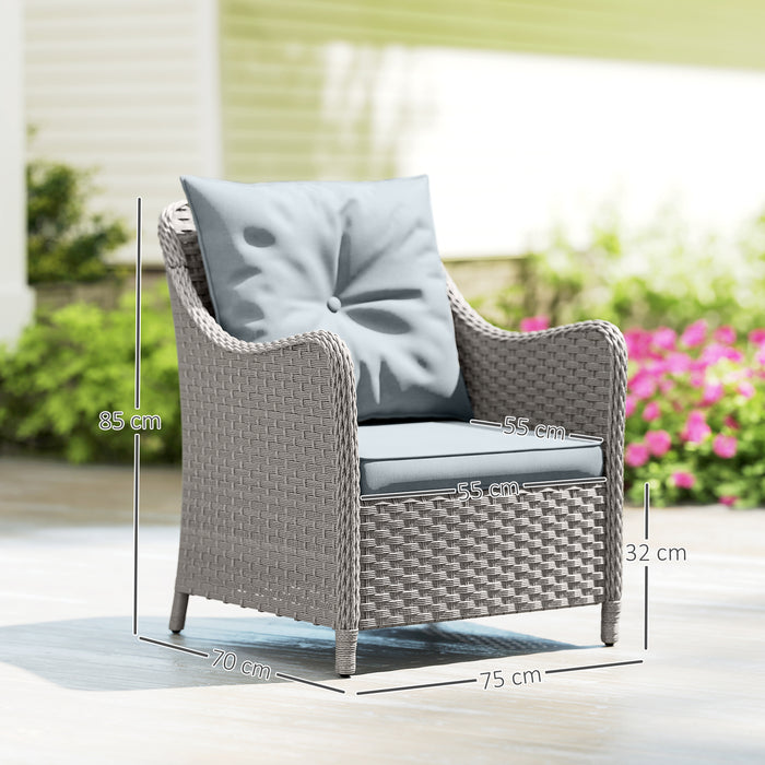 Outsunny Rattan Garden Chairs Set of 2, Outdoor Rattan Chairs with Cushions, Armrests and High Back, PE Wicker Garden Armchair with Steel Frame for Balcony, Porch, Light Grey
