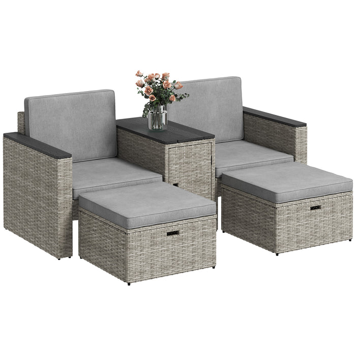 Outsunny 5 Piece Rattan Garden Furniture Set, Nesting Outdoor Furniture Conversation Set with 2 Footstools, WPC Storage Coffee Table and Cushions, Wicker Garden Sofa for Conservatory, Terrace, Grey