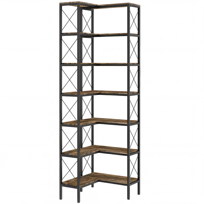 HOMCOM 6-Tier L-Shaped Bookshelf, Freestanding Corner Bookcase with Metal Frame, Rustic Brown