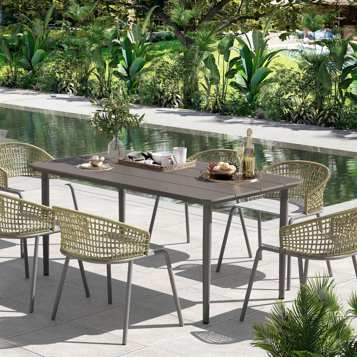 Outsunny Garden Table, Outdoor Dining Table for 6 People, 160 x 90 x 74 cm, with Rust Resistant Metal Frame, WPC Top, for Balcony, Terrace, Dark Grey